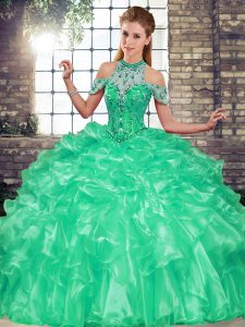 Perfect Turquoise Sleeveless Beading and Ruffles Floor Length Quinceanera Gown