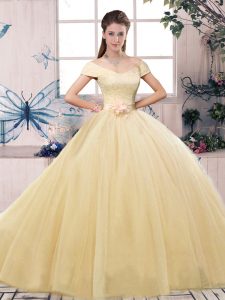 Charming Short Sleeves Tulle Floor Length Lace Up Quinceanera Gown in Champagne with Lace and Hand Made Flower