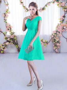 Turquoise Lace Up Wedding Party Dress Ruching Cap Sleeves Mini Length