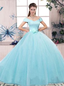 Lovely Off The Shoulder Short Sleeves Tulle Quinceanera Gowns Lace and Hand Made Flower Lace Up