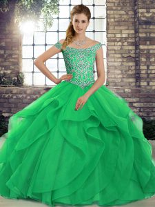 Sleeveless Tulle Brush Train Lace Up Quinceanera Dress in Green with Beading and Ruffles