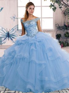 Blue Ball Gowns Beading and Ruffles Vestidos de Quinceanera Lace Up Tulle Sleeveless Floor Length