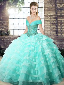 Fantastic Off The Shoulder Sleeveless Organza Quinceanera Dresses Beading and Ruffled Layers Brush Train Lace Up