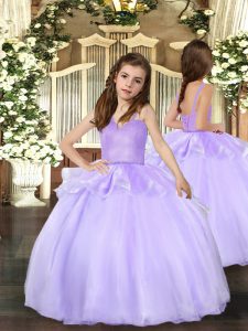 Super Lavender Sleeveless Organza Lace Up Kids Pageant Dress for Party and Wedding Party
