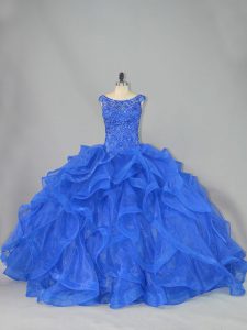 Organza Scoop Sleeveless Brush Train Lace Up Beading and Ruffles Quince Ball Gowns in Royal Blue