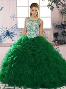 Designer Dark Green Sleeveless Floor Length Beading and Ruffles Lace Up Sweet 16 Quinceanera Dress