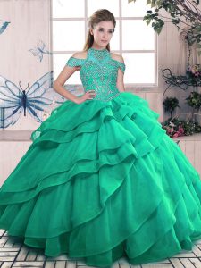 Turquoise Organza Lace Up High-neck Sleeveless Floor Length Vestidos de Quinceanera Beading and Ruffles