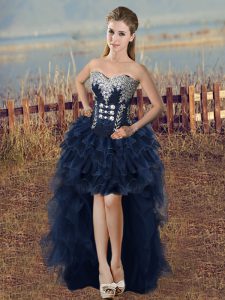 Modest Sleeveless High Low Beading and Ruffled Layers Lace Up Evening Dress with Navy Blue