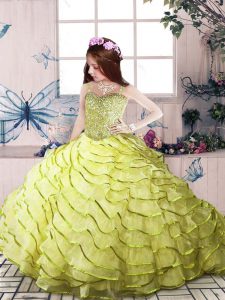 Perfect Yellow Green Straps Zipper Beading and Ruffled Layers Pageant Gowns For Girls Sleeveless