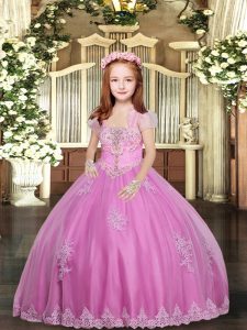 Lilac Ball Gowns Lace and Appliques Little Girls Pageant Dress Lace Up Tulle Sleeveless Floor Length