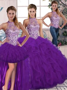 Dynamic Purple Lace Up Halter Top Beading and Ruffles Ball Gown Prom Dress Tulle Sleeveless