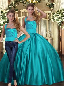 Two Pieces Quinceanera Gown Teal Halter Top Satin Sleeveless Floor Length Lace Up