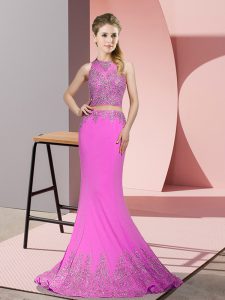 Lilac Mermaid Beading and Appliques Prom Gown Zipper Satin Sleeveless