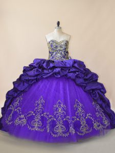 Discount Sweetheart Sleeveless Satin and Organza Quince Ball Gowns Embroidery and Pick Ups Brush Train Lace Up