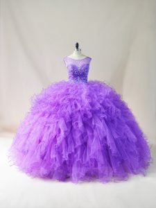 Modern Purple Ball Gowns Beading and Ruffles Sweet 16 Dress Lace Up Tulle Sleeveless Floor Length