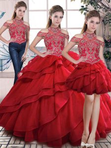 Artistic Sleeveless Organza Floor Length Lace Up Quinceanera Dresses in Red with Beading and Ruffles