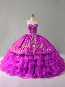 Nice Purple Organza Lace Up Quinceanera Dress Sleeveless Floor Length Embroidery and Ruffles