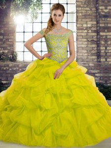 Exquisite Sleeveless Tulle Brush Train Lace Up Vestidos de Quinceanera in Yellow Green with Beading and Pick Ups