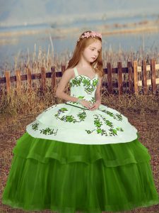 Green Lace Up Little Girl Pageant Dress Embroidery Sleeveless Floor Length