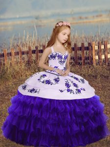 Custom Designed Organza Straps Sleeveless Lace Up Embroidery and Ruffled Layers Little Girl Pageant Dress in Purple