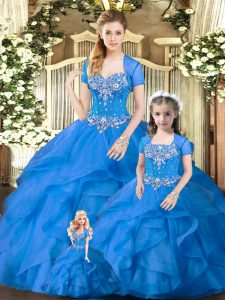 Blue Sleeveless Tulle Lace Up Quinceanera Gowns for Military Ball and Sweet 16 and Quinceanera
