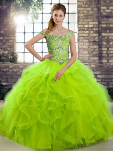 Lovely Lace Up Quinceanera Gown Beading and Ruffles Sleeveless Brush Train