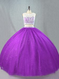 Purple Zipper Ball Gown Prom Dress Beading Sleeveless Floor Length