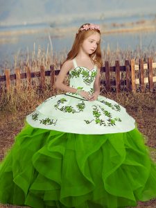 Trendy Green Lace Up Little Girls Pageant Gowns Embroidery and Ruffles Sleeveless Floor Length