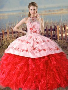 Customized Halter Top Sleeveless Quince Ball Gowns Floor Length Court Train Embroidery and Ruffles Red Organza