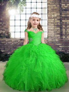 Green Sleeveless Floor Length Beading and Ruffles Lace Up Little Girls Pageant Dress
