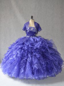 Suitable Sleeveless Floor Length Beading and Ruffles Lace Up Sweet 16 Quinceanera Dress with Blue