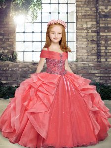 Custom Fit Coral Red Sleeveless Floor Length Beading and Ruffles Lace Up Girls Pageant Dresses