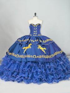 High Quality Sweetheart Sleeveless Brush Train Lace Up 15 Quinceanera Dress Blue Satin and Organza