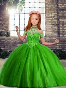 Trendy Green Tulle Lace Up Off The Shoulder Sleeveless Floor Length Little Girls Pageant Dress Beading