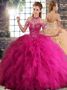 Smart Halter Top Sleeveless Lace Up Sweet 16 Quinceanera Dress Fuchsia Tulle
