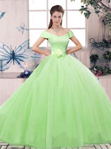 Affordable Ball Gowns Lace and Hand Made Flower 15th Birthday Dress Lace Up Tulle Short Sleeves Floor Length