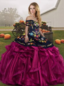 Ball Gowns Sweet 16 Dresses Fuchsia Off The Shoulder Organza Sleeveless Floor Length Lace Up