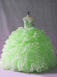 Green Lace Up Sweetheart Beading and Ruffles and Pick Ups Sweet 16 Dress Organza Sleeveless Brush Train