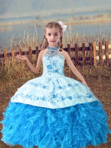 Trendy Baby Blue Lace Up Halter Top Beading and Embroidery and Ruffles Pageant Gowns Organza Sleeveless