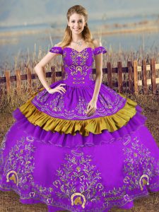 Classical Purple Satin and Organza Lace Up Sweet 16 Quinceanera Dress Sleeveless Floor Length Embroidery