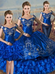 Comfortable Satin and Organza Off The Shoulder Sleeveless Lace Up Embroidery and Ruffled Layers Ball Gown Prom Dress in Royal Blue
