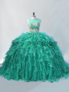 Lovely Turquoise Sleeveless Brush Train Beading and Ruffles Sweet 16 Dress