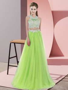 Tulle Halter Top Sleeveless Zipper Lace Bridesmaid Dresses in Yellow Green