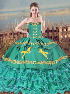 Sweetheart Sleeveless Lace Up Ball Gown Prom Dress Turquoise Satin