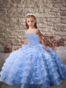 Blue Ball Gowns Organza Straps Sleeveless Beading and Ruffled Layers Lace Up Pageant Dress for Teens Brush Train