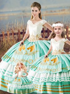 Glittering Satin V-neck Sleeveless Lace Up Embroidery and Ruffled Layers Quinceanera Dresses in Apple Green