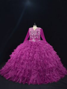 Purple Ball Gowns Organza V-neck Long Sleeves Beading and Ruffled Layers Floor Length Lace Up Sweet 16 Quinceanera Dress