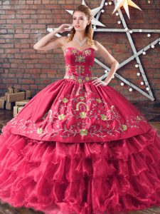 Embroidery and Ruffled Layers Quinceanera Gown Red Lace Up Sleeveless Floor Length