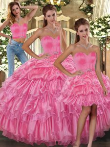 Rose Pink Sleeveless Ruffled Layers and Pick Ups Floor Length Quinceanera Dresses
