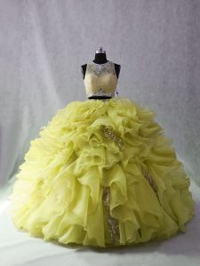 Custom Design Yellow Green Ball Gown Prom Dress Sweet 16 and Quinceanera with Beading and Ruffles Scoop Sleeveless Brush Train Zipper